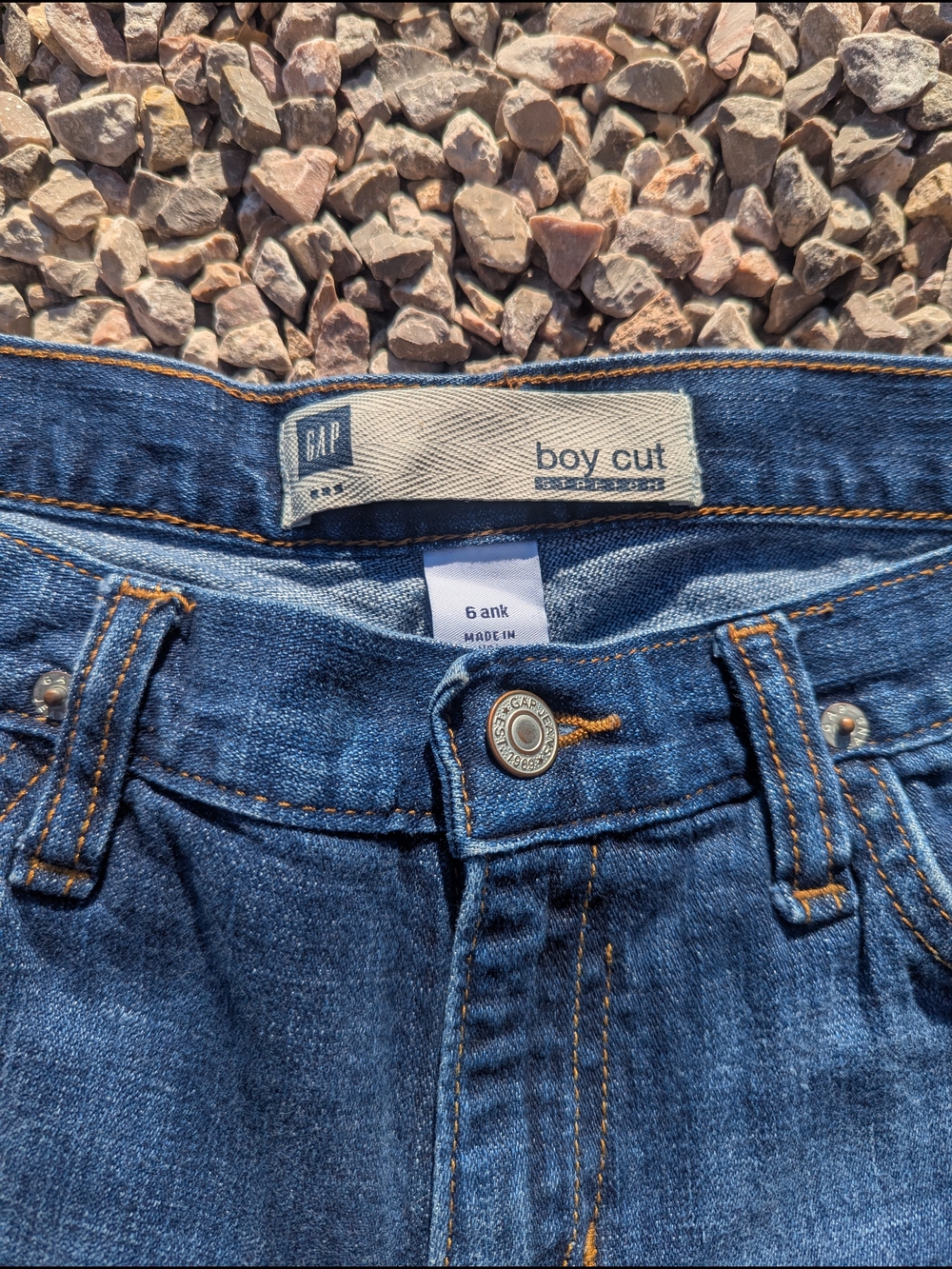 GAP Boy Cut Ankle Jeans in Dark Blue Denim with Orange Stitching